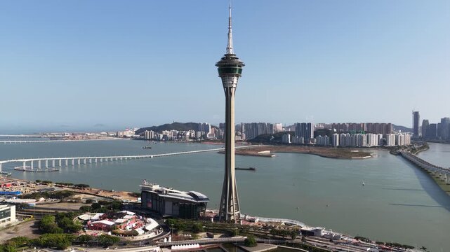 Macau tower aerial view with cityscape and bridges