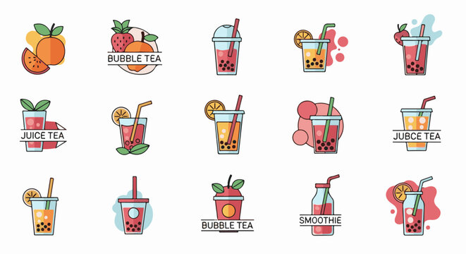 Colorful collection of stylized fruit drinks and bubble teas