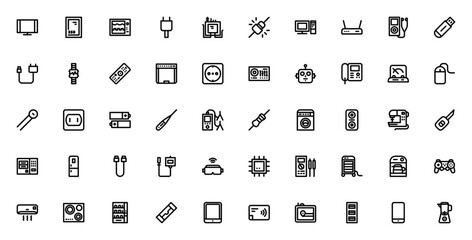 Electronics icon set. Includes symbols for television, computer, router, smartphone, USB, charger, battery, chip, mouse, gamepad, SSD, analyzer, cable, transformer, fridge and more. © wang
