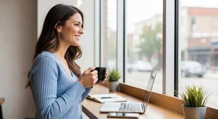 Obraz premium Smiling Young Woman Working Remotely on Laptop in a Bright Modern Cafe While Enjoying a Cup of Coffee