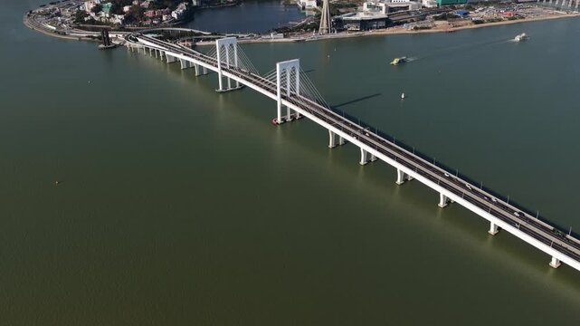 Aerial view of sai van bridge and macau skyline