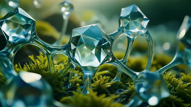 Crystal molecule structure on natural green moss, 3D render of biotechnology and green chemistry.