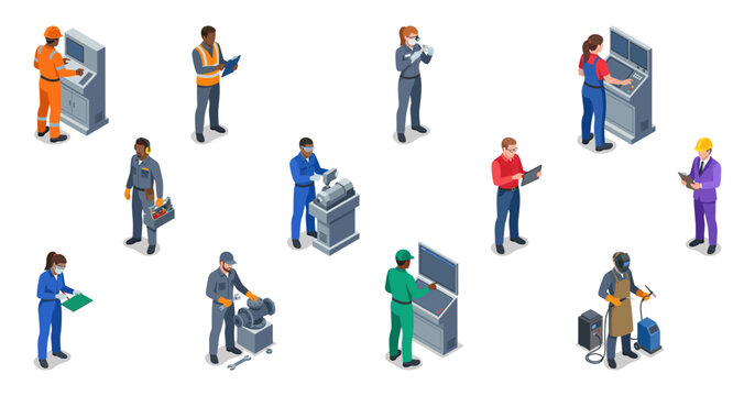 Factory workers and industrial manufacturing team performing various production tasks | Isometric vector illustration set