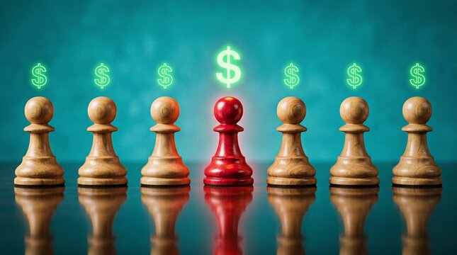 Chess pawns align beneath glowing currency; surreal ceremony of strategy and competition, duality of risk and reward, abstract echoes of heritage, identity, and resilience.