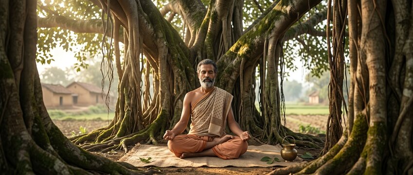 Indian Sadhu meditating under a large banyan tree