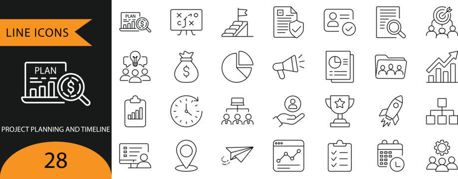 Project Planning, Timeline, Project Management and Workflow Line Icons.

