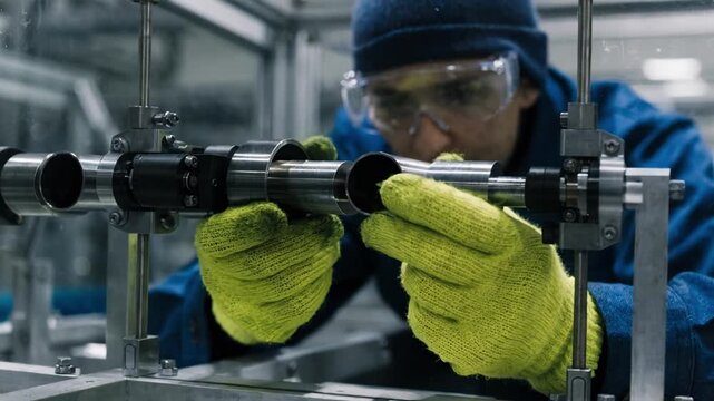 Closeup of an operator using laser gauges to accurately measure tube diameters in a hightech manufacturing setting ensuring precise sizing and quality control