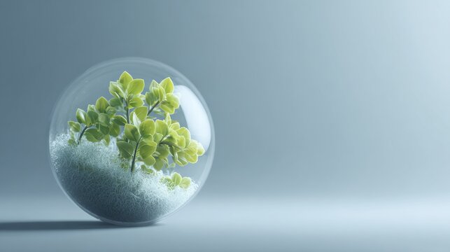 A glass sphere containing a miniature world with green plants and white snow, set against a soft, gradient background. This symbolizes a preserved environment or a unique ecosystem.