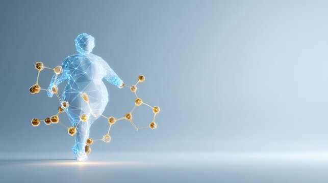 A translucent, low-polygon human figure composed of interconnected glowing blue lines, symbolizing a scientific or digital representation of a person. Small.