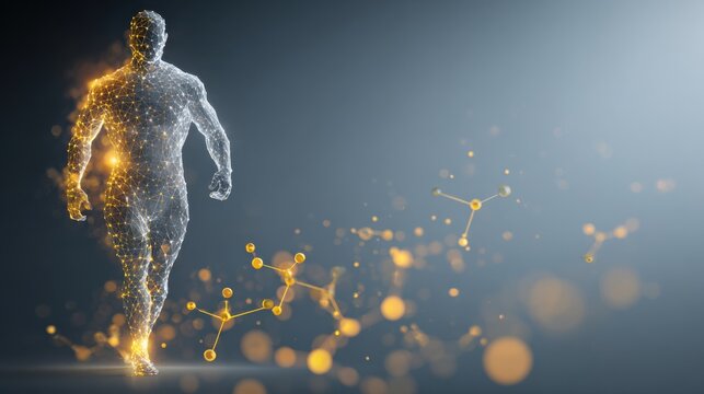 An abstract representation of a human figure composed of glowing particles and molecular structures, symbolizing data, science, and the future
