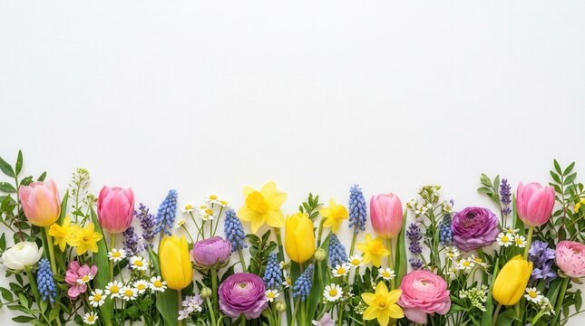 Vibrant Spring Flower Border Arrangement with Tulips and Daffodils.