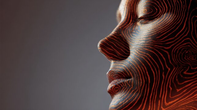 A close-up profile of a human face with intricate abstract patterns resembling topographic lines, rendered in warm, glowing orange and brown hues against a soft grey background. The eyes are closed.