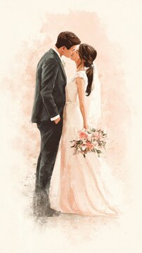 Newlyweds share a tender kiss during their first dance, celebrating their union. A romantic watercolor painting captures a bride and groom in a loving embrace, sharing a kiss on their wedding day