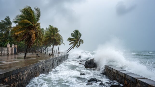 Palm trees sway violently as massive waves crash against a stone seawall during a storm. A powerful storm surges with huge waves breaking over rocky coastline and paved promenade lined with palm trees