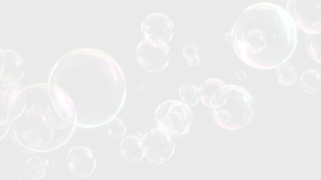 Transparent soap bubbles floating glass spheres abstract background.