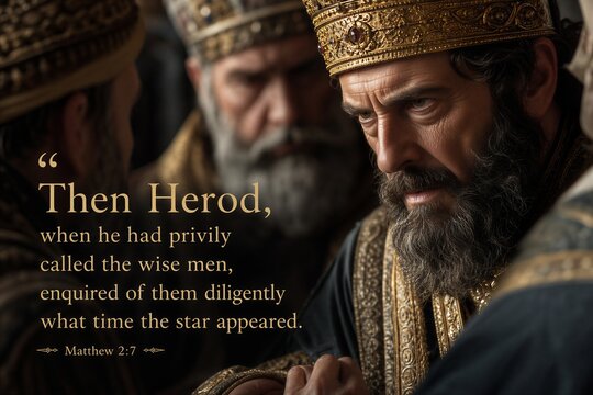 Matthew 2:7 Biblical Passage Detailing King Herod's Inquiry to Wise Men Regarding the Appearance of the Guiding Star.