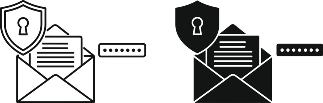 Secure Email Protection and Encrypted Message Concept Vector Illustration Showing Locked Envelope, Shield, Password, and Cyber Security Communication Icons in Outline and Solid Styles