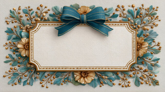 ornate, empty rectangular frame is centered, decorated with teal-colored leaves, gold berries, and flowers, all topped with a prominent blue fabric bow.