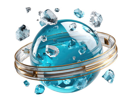 Crystal Planetoid Orbiting: A magnificent, transparent blue planetoid with crystalline rings and scattered ice shards floats in a void, showcasing a cosmic, ethereal beauty.