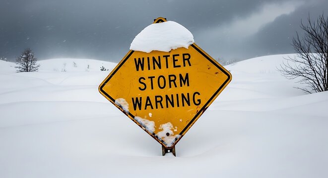 Snow covered winter storm warning sign in snowy landscape with trees and cloudy sky