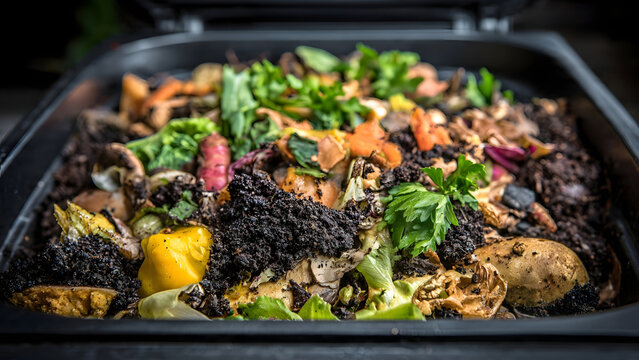 An organic compost bin filled with decomposing daily kitchen food scraps including vegetable peels, fruit remnants, green leaves, and rich dark soil for gardening.