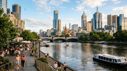Obraz premium Yarra River with downtown Melbourne views in summer, Australia, polished cityscape travel scene with waterfront reflections, warm seasonal mood and destination appeal for tourism and editorial