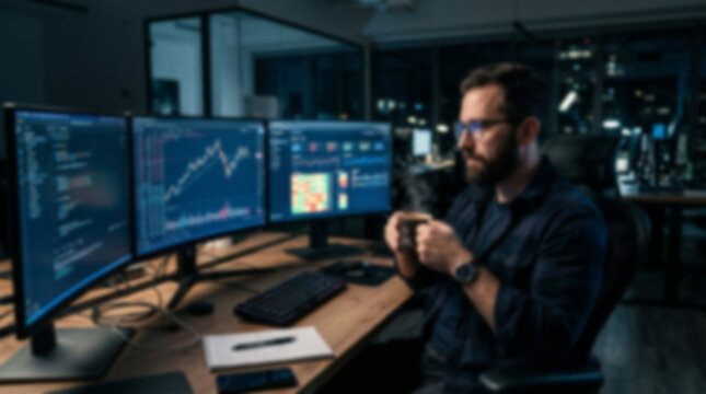 Soft focus blurred photo of Focused professional software developer working on complex code in a dark office with multiple glowing computer monitors and screens at night time