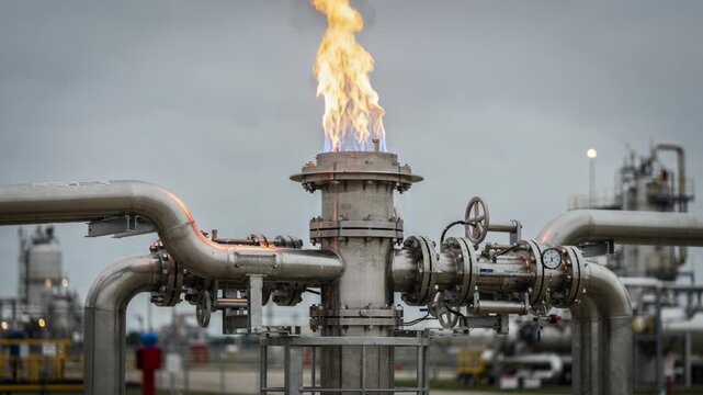 Medium shot focusing on an open flare stack burning excess gases safely integrated with rupture disks and vent headers feeding into the flaring device