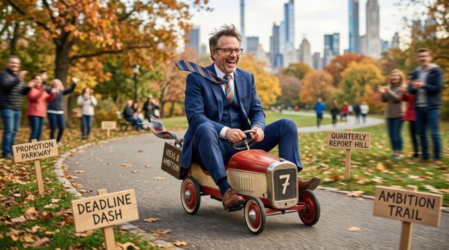 Funny businessman driving a retro pedal car outdoors, whimsical office humor concept with playful ambition and creative career energy, polished photoreal finish, no logos