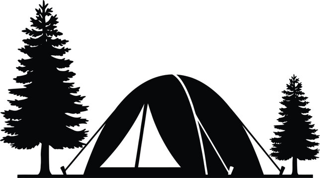 Solid black silhouette of camping tent between two pine trees for outdoor adventure landscape forest scene design vector.