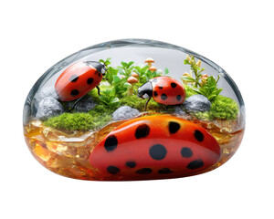 Naklejka premium Ladybug Miniature World: A whimsical diorama featuring three vibrant ladybugs nestled among moss, tiny mushrooms, and delicate flora, captured within a clear, oval-shaped dome.