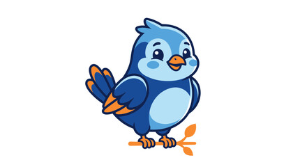 Obraz premium Cute cartoon blue bird sitting on a branch, vector illustration, isolated on white