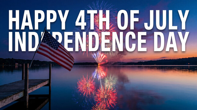 July 4 Independence Day calm lake fireworks American flag dramatic promotional banner peaceful water reflections and flag at dusk create serene holiday landscape for greeting banners and travel