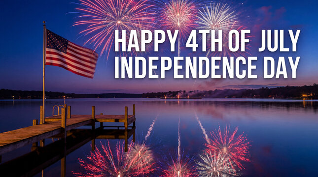 July 4 Independence Day calm lake fireworks American flag festive greeting composition peaceful water reflections and flag at dusk create serene holiday landscape for greeting banners and travel