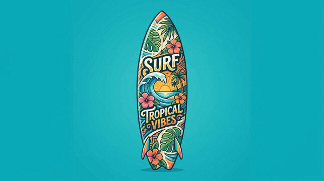 Colorful surfboard with floral design.