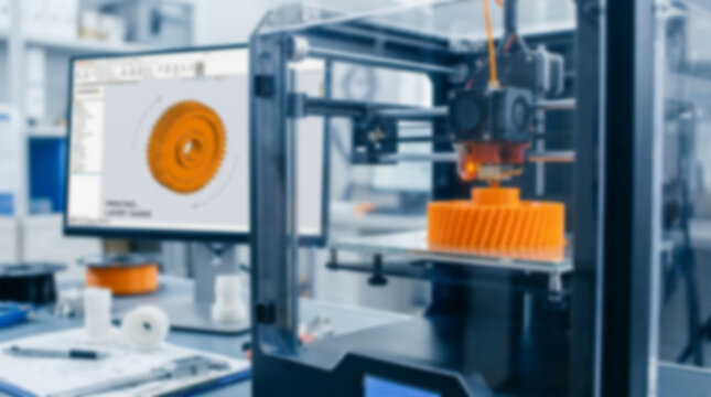 Soft focus blurred photo of Industrial 3d printer machine creating a plastic orange mechanical part in a modern factory workshop with a computer screen showing the digital design