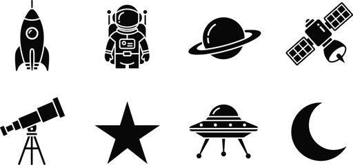 Space exploration icon set illustration, rocket astronaut planet satellite symbols, astronomy science concept, telescope UFO star moon, cosmic universe, flat vector © Nafij World