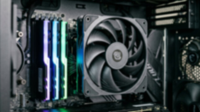 Soft focus blurred photo of Computer cooling fan and glowing colorful ram memory sticks inside a modern gaming pc desktop case
