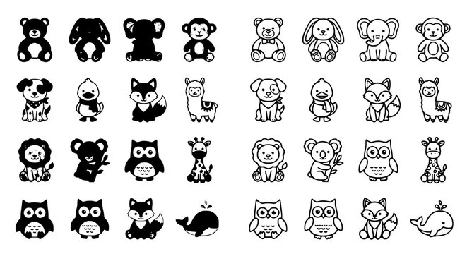 Creative soft toy vector icon set with plush animal illustrations