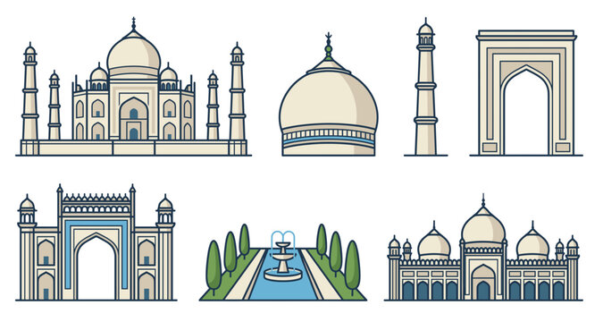 Colorful flat line art collection of taj mahal vector elements including main monument garden gate and mosque.