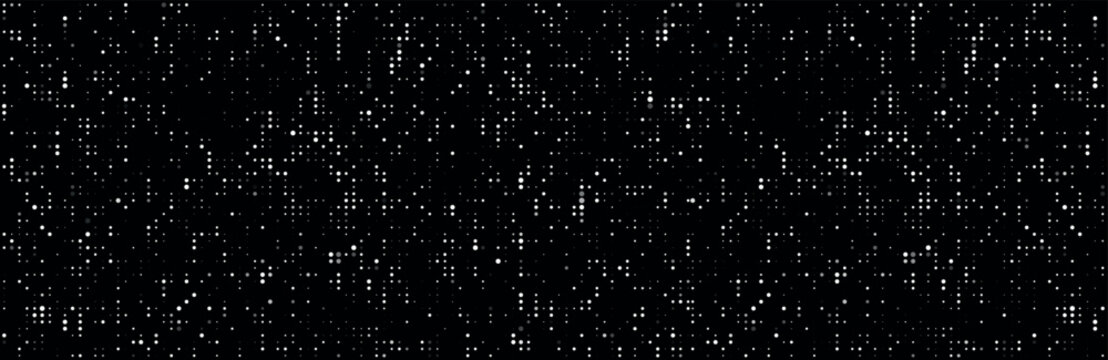 Vector abstract monochrome dotted matrix background with scattered white and gray circles on black, geometric digital pattern, minimal particle texture, futuristic technology backdrop for data and com