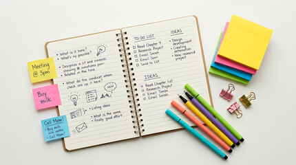 Fototapeta premium Office Productivity: To-Do List Notebook, Goals, Sticky Notes & Pens for Business Planning and Task Management