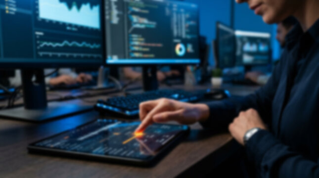 Soft focus blurred photo of A professional software developer working on computer code in a modern dark office with multiple glowing monitors displaying complex data and information