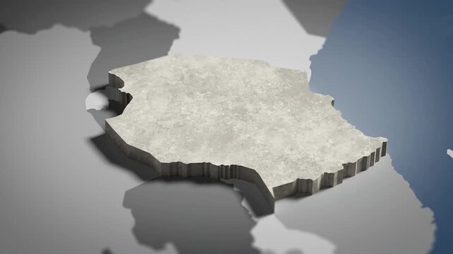World map animation Birds eye view above Tanzania, Tanzanian, Dar es Salaam, Africa, with highlighted country borders. Cinematic 3d world map animation highlights aerial views, 4k Video