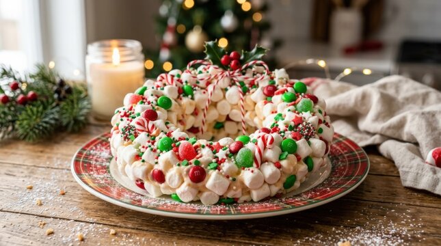 Homemade marshmallow Christmas wreath treats, festive dessert close-up with colorful candy decoration, holiday baking charm and cheerful seasonal styling for celebration and food themes, soft natural