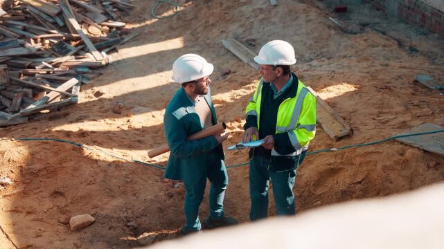 Men, engineer or clipboard on construction site for planning, budget update or compliance checklist. Building funder, project manager or report at worksite for blueprint review, discussion or above