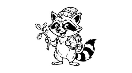 Obraz premium Cartoon Raccoon Character with Backpack and Acorn Branch