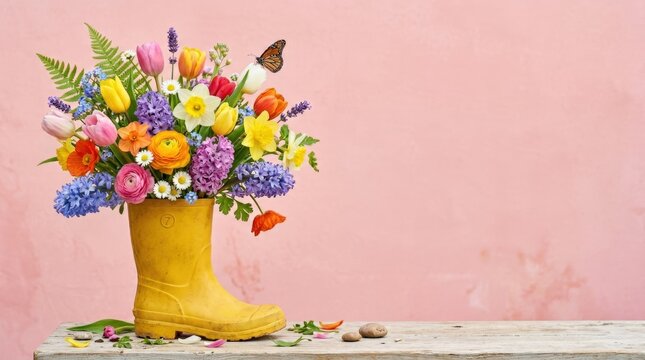 Yellow rubber boot full of colorful spring flowers with butterflies and bees on pink background with copy space. Spring is here concept banner, cheerful spring design with fresh floral color and