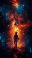 Naklejka premium Lone Wanderer Standing Before Breathtaking Glowing Nebula in Vast Deep Space, Representing Human Curiosity and Infinite Mysteries of Cosmic Universe and Beyond