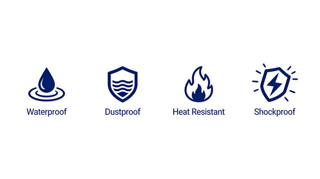Water droplets, dust shields, and flames represent waterproof, dustproof, heat-resistant, and shockproof properties, suitable for outdoor equipment and consumer electronic devices.

